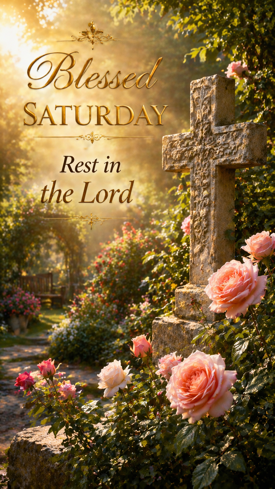 Ancient stone cross in a lush garden surrounded by pink roses and green vines, golden sunlight filtering through leaves, text "Blessed Saturday -- Rest in the Lord" -- vertical Saturday blessing wallpaper